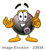 #23838 Clip Art Graphic Of A Billiards Eight Ball Cartoon Character Holding A Pencil