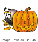 #23845 Clip Art Graphic of a Billiards Eight Ball Cartoon Character With a Carved Halloween Pumpkin by toons4biz