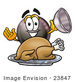 #23847 Clip Art Graphic Of A Billiards Eight Ball Cartoon Character Serving A Thanksgiving Turkey On A Platter