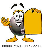 #23849 Clip Art Graphic Of A Billiards Eight Ball Cartoon Character Holding A Yellow Sales Price Tag