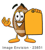 #23851 Clip Art Graphic Of A Football Cartoon Character Holding A Yellow Sales Price Tag