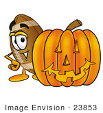 #23853 Clip Art Graphic Of A Football Cartoon Character With A Carved Halloween Pumpkin