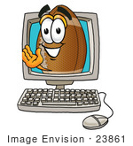 #23861 Clip Art Graphic Of A Football Cartoon Character Waving From Inside A Computer Screen