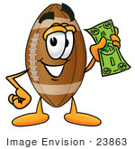 #23863 Clip Art Graphic Of A Football Cartoon Character Holding A Dollar Bill
