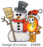 #23886 Clip Art Graphic Of A Fire Cartoon Character With A Snowman On Christmas