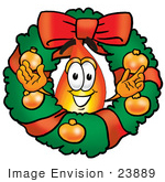 #23889 Clip Art Graphic Of A Fire Cartoon Character In The Center Of A Christmas Wreath