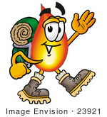 #23921 Clip Art Graphic Of A Fire Cartoon Character Hiking And Carrying A Backpack