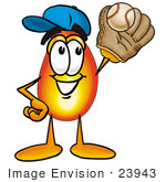 #23943 Clip Art Graphic Of A Fire Cartoon Character Catching A Baseball With A Glove