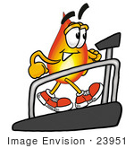 #23951 Clip Art Graphic Of A Fire Cartoon Character Walking On A Treadmill In A Fitness Gym