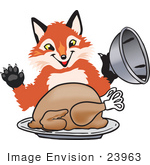 #23963 Clipart Picture Of A Fox Mascot Cartoon Character Serving A Thanksgiving Turkey On A Platter