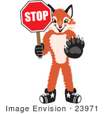 #23971 Clipart Picture Of A Fox Mascot Cartoon Character Holding A Stop Sign