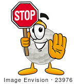#23976 Clip Art Graphic Of A Golf Ball Cartoon Character Holding A Stop Sign