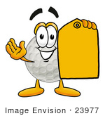 #23977 Clip Art Graphic Of A Golf Ball Cartoon Character Holding A Yellow Sales Price Tag