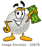 #23978 Clip Art Graphic of a Golf Ball Cartoon Character Holding a Dollar Bill by toons4biz