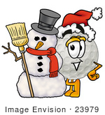 #23979 Clip Art Graphic Of A Golf Ball Cartoon Character With A Snowman On Christmas