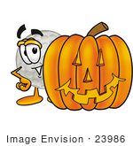 #23986 Clip Art Graphic Of A Golf Ball Cartoon Character With A Carved Halloween Pumpkin