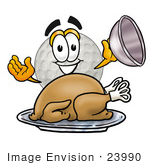 #23990 Clip Art Graphic Of A Golf Ball Cartoon Character Serving A Thanksgiving Turkey On A Platter