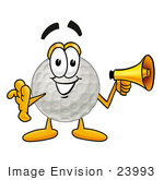 #23993 Clip Art Graphic Of A Golf Ball Cartoon Character Holding A Megaphone