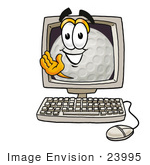 #23995 Clip Art Graphic Of A Golf Ball Cartoon Character Waving From Inside A Computer Screen