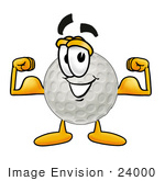 #24000 Clip Art Graphic Of A Golf Ball Cartoon Character Flexing His Arm Muscles