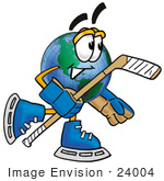 #24004 Clip Art Graphic Of A World Globe Cartoon Character Playing Ice Hockey