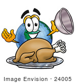 #24005 Clip Art Graphic Of A World Globe Cartoon Character Serving A Thanksgiving Turkey On A Platter