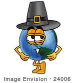 #24006 Clip Art Graphic Of A World Globe Cartoon Character Wearing A Pilgrim Hat On Thanksgiving