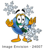 #24007 Clip Art Graphic Of A World Globe Cartoon Character With Three Snowflakes In Winter