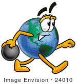#24010 Clip Art Graphic of a World Globe Cartoon Character Holding a Bowling Ball by toons4biz