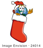 #24014 Clip Art Graphic Of A World Globe Cartoon Character Wearing A Santa Hat Inside A Red Christmas Stocking