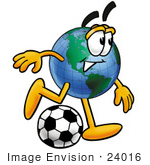 #24016 Clip Art Graphic Of A World Globe Cartoon Character Kicking A Soccer Ball