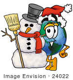 #24022 Clip Art Graphic Of A World Globe Cartoon Character With A Snowman On Christmas