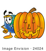 #24024 Clip Art Graphic Of A World Globe Cartoon Character With A Carved Halloween Pumpkin