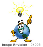 #24025 Clip Art Graphic Of A World Globe Cartoon Character With A Bright Idea