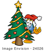 #24026 Clip Art Graphic Of A World Globe Cartoon Character Waving And Standing By A Decorated Christmas Tree