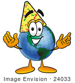 #24033 Clip Art Graphic Of A World Globe Cartoon Character Wearing A Birthday Party Hat