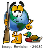 #24035 Clip Art Graphic Of A World Globe Cartoon Character Duck Hunting Standing With A Rifle And Duck