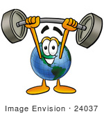 #24037 Clip Art Graphic Of A World Globe Cartoon Character Holding A Heavy Barbell Above His Head