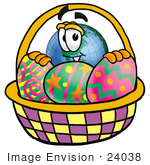 #24038 Clip Art Graphic Of A World Globe Cartoon Character In An Easter Basket Full Of Decorated Easter Eggs