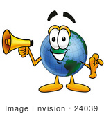 #24039 Clip Art Graphic Of A World Globe Cartoon Character Holding A Megaphone