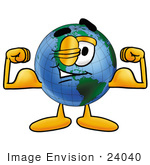 #24040 Clip Art Graphic Of A World Globe Cartoon Character Flexing His Arm Muscles
