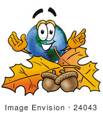 #24043 Clip Art Graphic Of A World Globe Cartoon Character With Autumn Leaves And Acorns In The Fall