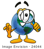 #24044 Clip Art Graphic Of A World Globe Cartoon Character Looking Through A Magnifying Glass