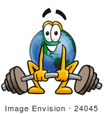 #24045 Clip Art Graphic Of A World Globe Cartoon Character Lifting A Heavy Barbell
