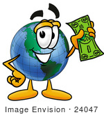 #24047 Clip Art Graphic Of A World Globe Cartoon Character Holding A Dollar Bill