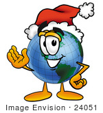 #24051 Clip Art Graphic Of A World Globe Cartoon Character Wearing A Santa Hat And Waving