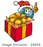 #24054 Clip Art Graphic Of A World Globe Cartoon Character Standing By A Christmas Present