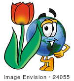 #24055 Clip Art Graphic Of A World Globe Cartoon Character With A Red Tulip Flower In The Spring