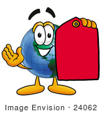 #24062 Clip Art Graphic Of A World Globe Cartoon Character Holding A Red Sales Price Tag