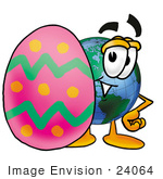 #24064 Clip Art Graphic Of A World Globe Cartoon Character Standing Beside An Easter Egg